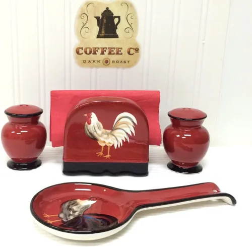 Miniatura 2 de ACK Ceramic Tuscany Roamer Rooster - Juego de 4 estufas de cerámica pintadas a mano, coctelera y salera, servilletero y soporte para cuchara, Roamer