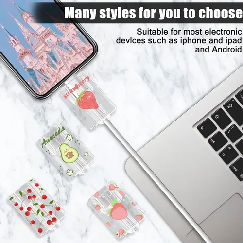 Miniatura 7 de CameCosy Juego de 4 protectores de cable de frutas para cargador de iPhone, diseño Kawaii de aguacate rosa, fresa, cereza y melocotón, protector