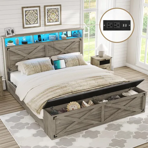 DICTAC - Base de cama estilo granja tamaño Queen con cabecera de almacenamiento y estación de carga, base de cama de plataforma de madera tamaño