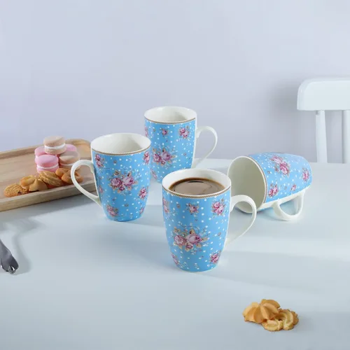Miniatura 6 de fanquare Juego de 4 tazas de café de 12 onzas para mujer, juego de tazas de café de porcelana floral, tazas de café grandes de cerámica azul