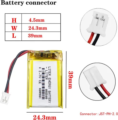 Liter 3.7V 420mAh 402540 batería recargable de iones de polímero de litio con conector JST 0.079 in