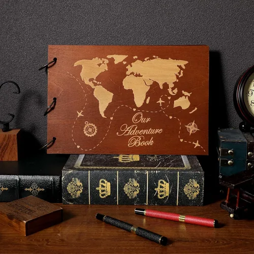 Miniatura 7 de Partykindom Álbum de fotos de madera de 12 x 8 pulgadas, libro de recuerdos de bricolaje con 40 páginas negras y 6 calcomanías de esquina, ideal