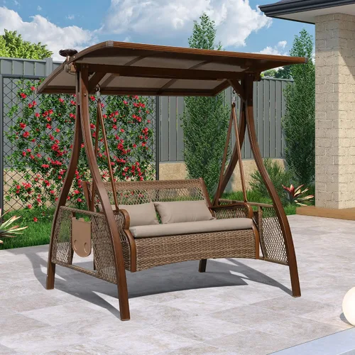 Miniatura 17 de PURPLE LEAF Silla Columpio Nube de 2 Asientos con Soporte Banco Deslizante Loveseat de Mimbre para Patio Colgante Balanceante para Interior Exterior