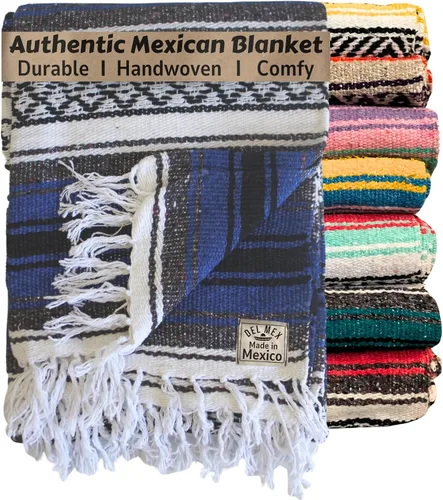 Del Mex Manta clásica mexicana, gran manta falsa tejida auténtica (70 x 50 pulgadas), decoración artesanal del suroeste para playa, yoga, aire libre