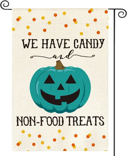 AVOIN colorlife Bandera de jardín de calabaza verde azulado Jack-O'-Lantern de doble cara, con texto en inglés "We Have Candy Non-Food Treats