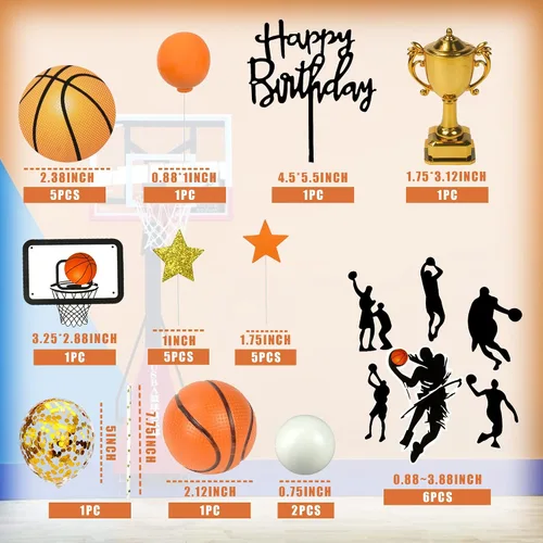 Miniatura 2 de 29 adornos de baloncesto para tartas de baloncesto con bolas doradas de estrella para cumpleaños de hombres