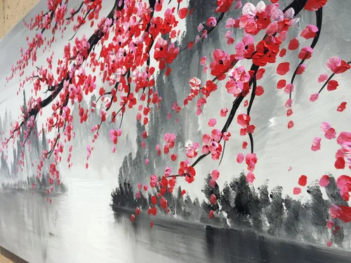 Miniatura 4 de Pintura al óleo china tradicional hecha a mano de flor de ciruelo rosa, arte de pared en lienzo, obra de arte de paisaje moderno en blanco y negro