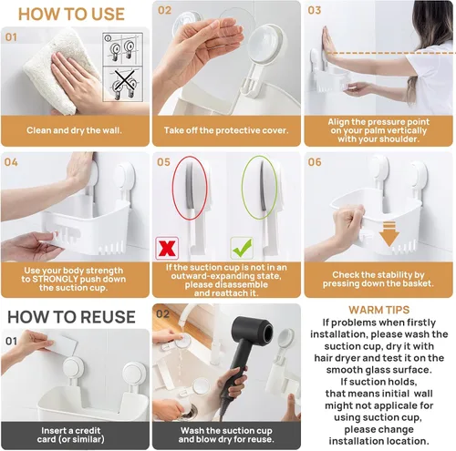 Miniatura 5 de LEVERLOC Paquete de 2 ventosas para ducha, organizador de ducha, estante de baño extraíble, succión de almacenamiento, potente capacidad máxima