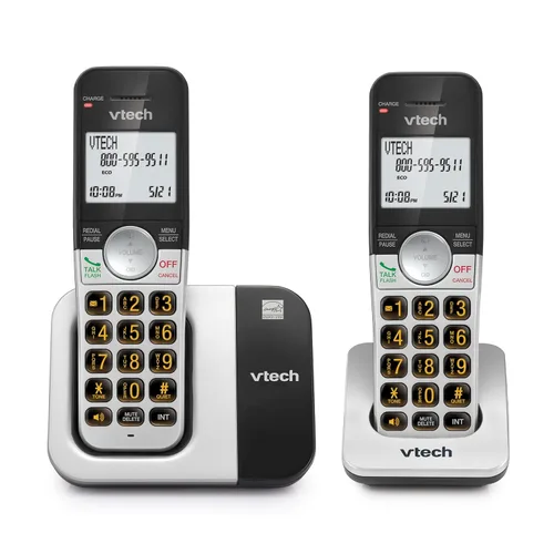 VTech Teléfono inalámbrico de 2 auriculares con pantalla grande y botones grandes, DECT 6.0 con identificador de llamadas/llamada en espera, altavoz