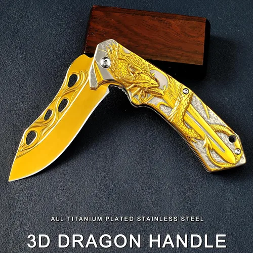 Miniatura 2 de Vividstill Navaja de bolsillo para hombres, genial cuchillo plegable de bolsillo 3D DRAGÓN con clip, gran regalo EDC para hombres, ideal para Dorado