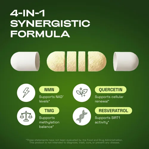Miniatura 2 de Cata-Kor Suplemento NMN - Suplemento NAD 4 en 1 con quercetina TMG Resveratrol - Alternativa NMNH - Apoya la energía celular y el nivel de NAD+