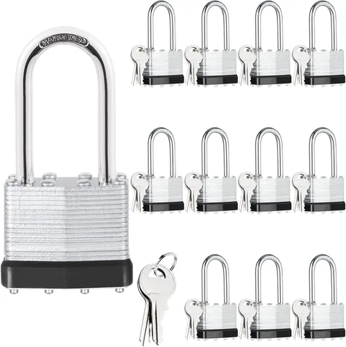 Miniatura 12 de 6 candados con las mismas llaves, acero laminado negro plata (1-9/16 pulgadas, 1.575 in), grillete largo para cobertizos, puertas, vallas, caja