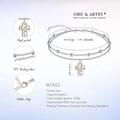 Miniatura 72 de CHIC & ARTSY Tobilleras de plata de ley S925 para mujer, pulsera de tobillo ajustable multicapa para playa, joyería de verano para mujer, de 10 a 11
