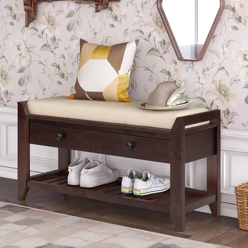 Miniatura 11 de Knocbel Banco de almacenamiento de entrada para zapatos con asiento acolchado, 2 cajones y estante de rejillas, sala de estar, entrada, pasillo