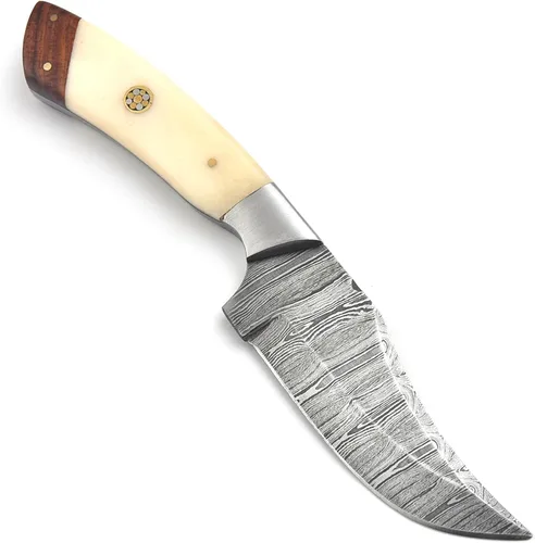 Miniatura 4 de Cuchillo de caza de Damasco hecho a mano de 8.25 pulgadas - Cuchillos de hoja fija con mango de hueso y funda de cuero - Cuchillo personalizado