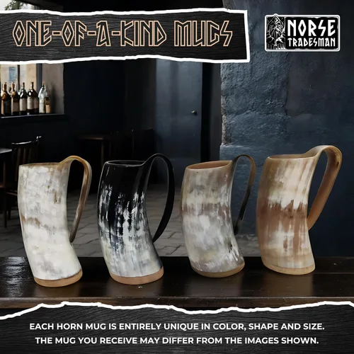 Miniatura 6 de Norse Tradesman LG Viking Cuerno para Beber - Jarra de Cuerno de Cerveza 100% Auténtica con Fondo de Madera Dura y Grabados de Anillos The