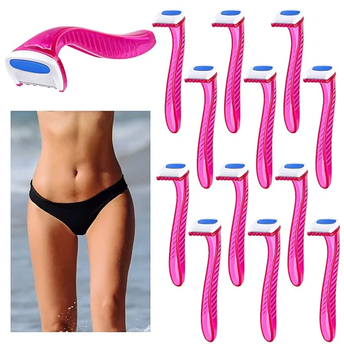 Honoson 12 maquinillas de afeitar desechables para mujer, recortadora de línea de bikini, afeitadora pequeña tipo T, accesorios de viaje duraderos,