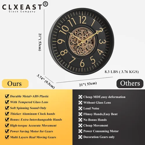 Miniatura 4 de CLXEAST Reloj de pared de engranaje móvil de 21 pulgadas, relojes de pared grandes con números arábigos regulares para decoración de sala de estar