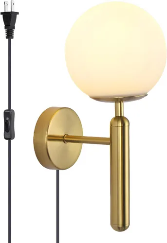 Miniatura 14 de KCO Aplique de pared de globo de vidrio de leche, apliques de pared de latón cepillado de mediados de siglo, lámpara de pared dorada moderna, Dorado