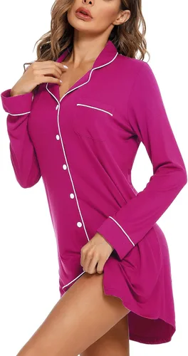 Miniatura 52 de Samring Camisón de pijama para mujer, manga corta/larga, con botones, camisón para dormir, camisón para novio, talla XXL