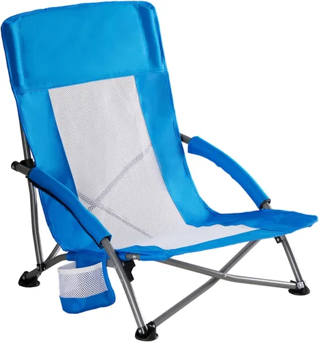 Miniatura 8 de NEWBULIG Silla de playa plegable para adultos, silla de césped de perfil bajo con portavasos y bolsa de transporte, asiento extra ancho y respaldo