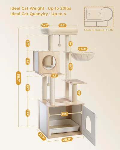Miniatura 7 de PETEPELA Árbol para gatos de 56.7 pulgadas con caja de arena, torre grande de madera para gatos de interior con armario de almacenamiento y acogedor