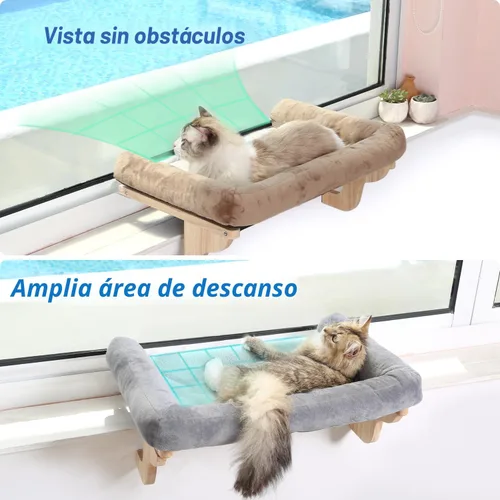 Miniatura 2 de Zakkart Percha para gato para alféizar de ventana con refuerzo, diseño ortopédico de hamaca con madera dura de primera calidad y marco de metal