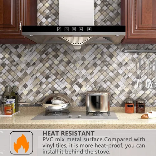 Miniatura 2 de STICKGOO Azulejo árabesco para salpicaduras de pelar y pegar, para salpicaduras de cocina y baño, grano de madera dorada con aspecto de mármol, PVC