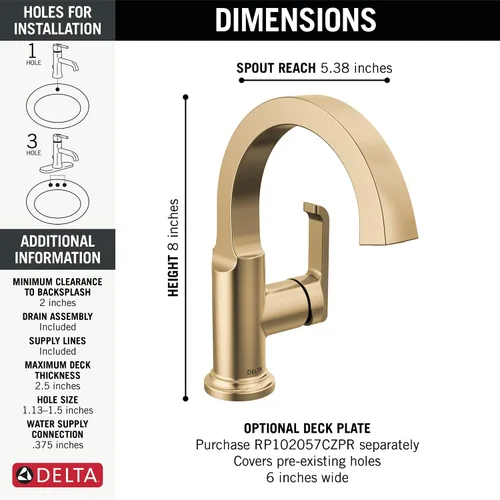 Miniatura 2 de Delta Grifo de baño Tetra Gold de un solo agujero, grifo de baño dorado de una sola manija, grifo de lavabo de baño, tecnología de sello
