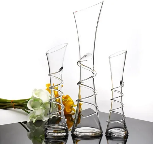 Miniatura 3 de Jarrón de vidrio soplado hecho a mano, vidrio transparente, forma oblonga, estilo moderno, patrón de hilo, sin tallo, perfecto para decoración