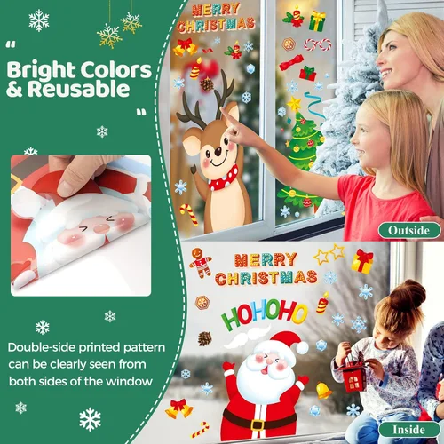 Miniatura 6 de Adhesivos de ventana de Navidad, 9 hojas de calcomanías de ventana de Navidad, Papá Noel, muñeco de nieve, reno, copo de nieve de Navidad