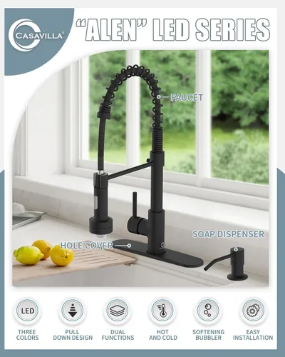 Miniatura 2 de Llave de cocina negra con luz LED, llave de cocina con dispensador de jabón, llave para fregadero de cocina, llave de cocina de acero inoxidable