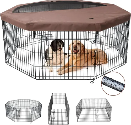 NEZUC Jaula plegable de metal para perros con valla para perros, 8 paneles de 24 pulgadas de altura con cubierta superior/almohadilla inferior para