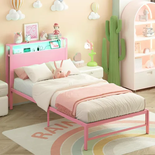 Weehom Estructuras de Cama Individual con Estantes de Almacenamiento de Madera de 2 Niveles en el Cabecero, Cama Tamaño Individual con Estaciones de