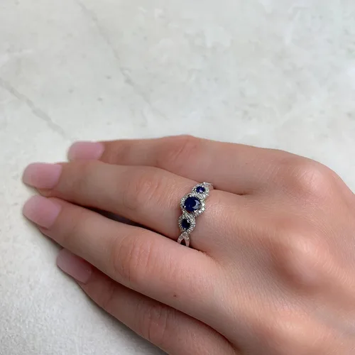 Miniatura 5 de Anillos de compromiso de oro blanco macizo de 10 quilates con zafiro azul de corte redondo para mujer, con engaste de garra de aniversario y boda