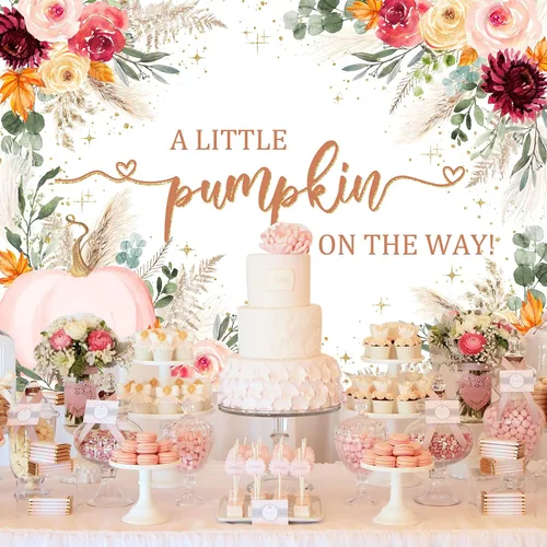 Miniatura 3 de Mocsicka Telón de fondo para baby shower, calabaza rosa burdeos, fondo de baby shower, decoración de fiesta con texto en inglés "A Little Pumpkin is