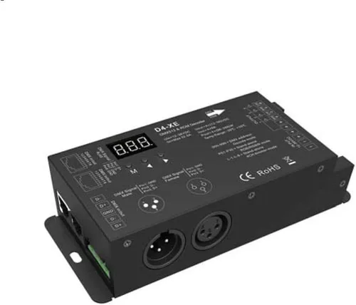 Novabright Regis 4CH D4-XE 32A PWM sin parpadeo suave atenuación 12V-36V Pantalla digital 8000Hz para luces LED RGBW 8A/CH Premium DMX Decodificador