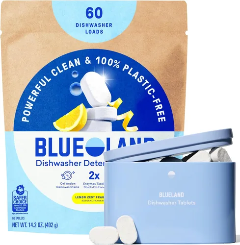 Miniatura 14 de BLUELAND - Tabletas de detergente para lavavajillas 100% libres de plástico, 60 unidades, libres y transparentes, ecológicas, cortan la grasa y se