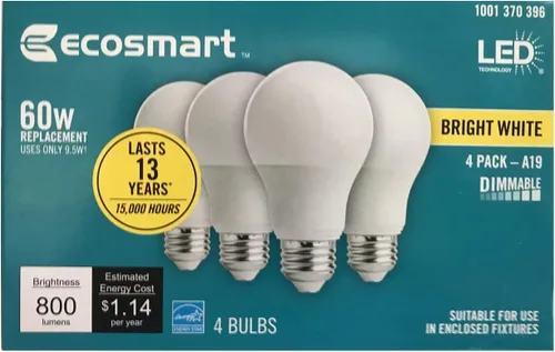Miniatura 2 de EcoSmart - Bombilla LED Energy Star de 60 vatios equivalente a A19, regulable, color blanco brillante (paquete de 4)