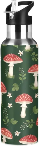 Cute Red Mushrooms Green Stainless Steel Water Bottle 20 Oz Leakproof Water Bottles, BPA-Free Sports Water Bottle with Straw