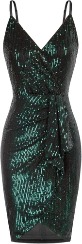 GRACE KARIN Vestido sexy de lentejuelas para mujer cuello en V fruncido entallado tirantes delgados cóctel fiesta club nocturno