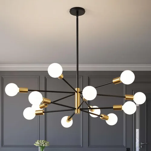 Miniatura 21 de RUIYEY Lámpara Sputnik Moderna, Lámpara de Techo Semiempotrada Negra y Dorada, Candelabros de Mediados de Siglo para Dormitorio, Comedor, Isla