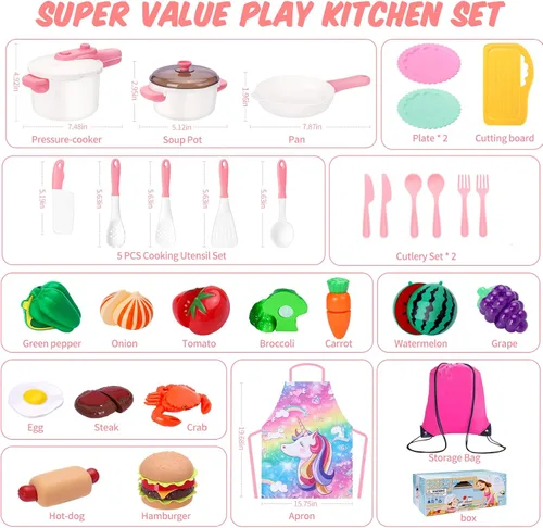 Miniatura 7 de Meaicezli - Juego de accesorios de cocina de juguete para niños, juego de ollas y sartenes para niños pequeños con comida de juguete, platos