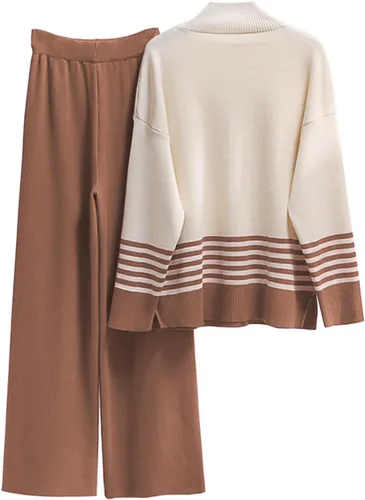 Miniatura 2 de Bufushaoh Conjunto de 2 piezas para mujer, de punto, de manga larga, a rayas, sin botones y pantalones de pierna ancha