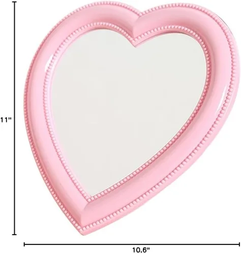 Miniatura 8 de Mokoze Espejo en forma de corazón para escritorio o pared, espejo de tocador rosa claro de 11 x 10.6 pulgadas con soporte y agujero para colgar