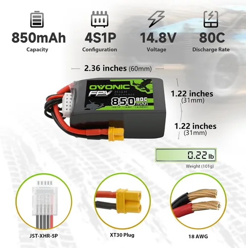 Miniatura 2 de OVONIC 4S Lipo Batería 80C 850mAh 14.8V Lipo Batería con XT30 Conector para RC FPV Racing Drone RC Avión Helicóptero Quadcopter