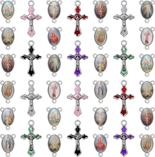 60 piezas/30 juegos de suministros para kits de fabricación de rosario, religion, cruz y medalla central, dijes de aleación, imagen de Jesús, Plata