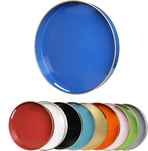Bandeja decorativa redonda azul con asas, bandeja de servir elegante de 13" para mesa de café, estilo otomano para sala de estar, baño, exteriores,