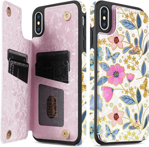 NNH Funda tipo cartera compatible con iPhone Xs Max con bloqueo RFID, ranuras para tarjetas, folio de piel sintética, función atril, doble cierre