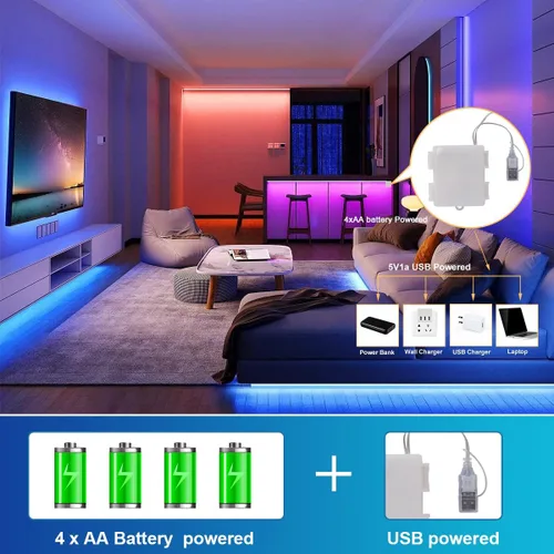 Miniatura 5 de OMIKA Tira de luces LED COB RGB de 6.6 pies, funciona con pilas, control remoto, regulable, cambio de color, tira de luces LED de batería, cortables